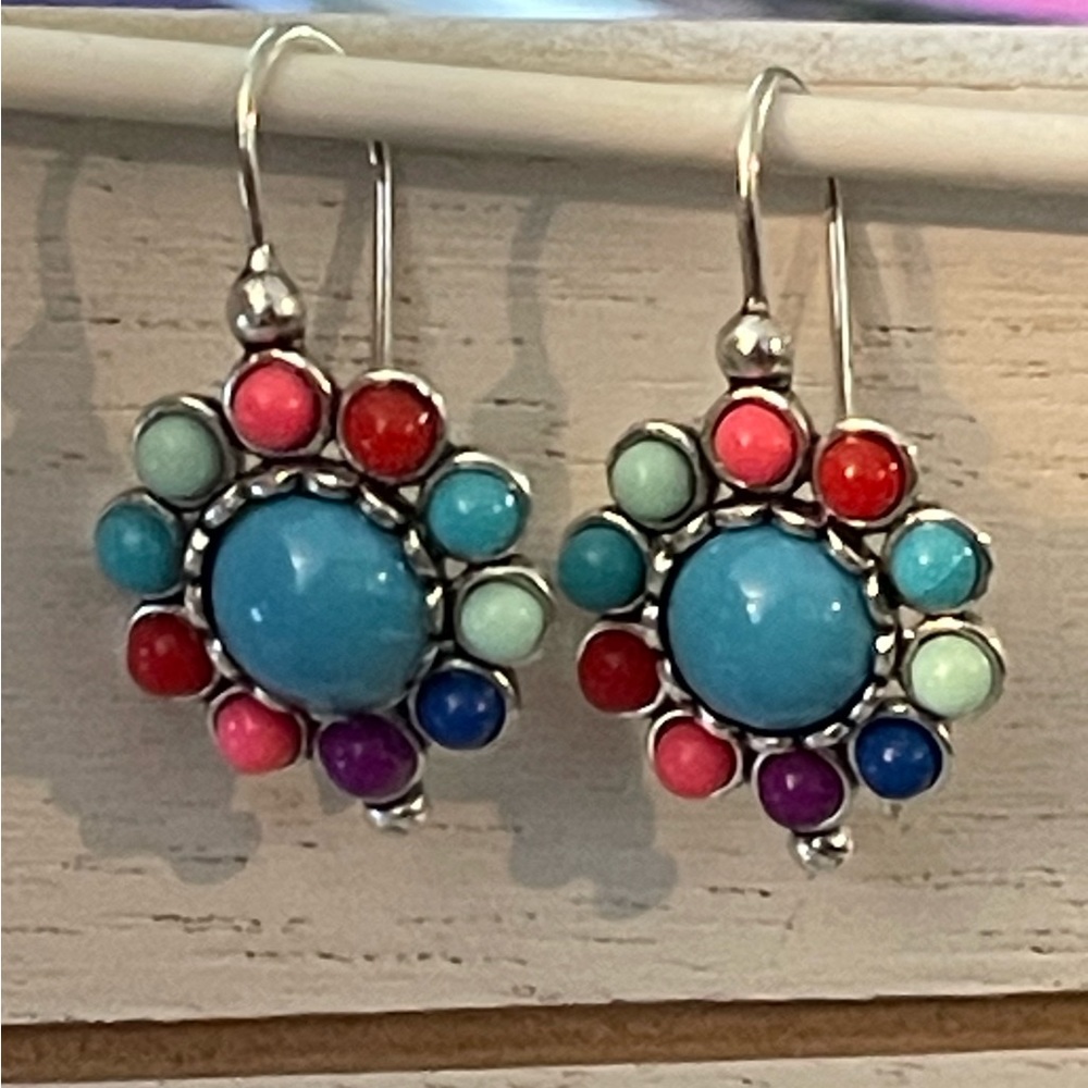 Mixed Stone Silvertone Pendant Bead Boho Turquoise Blue Colorful Dangle Earrings - Picture 4 of 7
